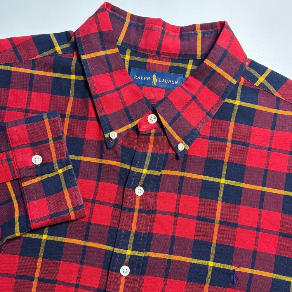Ralph Lauren Plaid Button‎ Down Shirt Mens XXL Red Navy Yellow Long Sleeve Pony